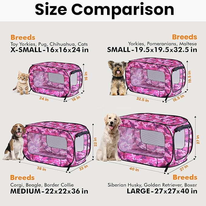 Beatrice Home Fashions Portable, Collapsible, Pop Up Kennel Travel Cat and Dog Crate, 36" L x 22" W x 22" H, Camo Pink