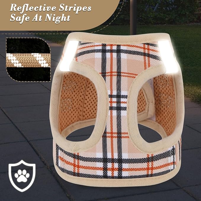 Athena Collection Small Dog Harness with 5 ft Leash, Step-in Dog Harness Leash Set Small No Pull Dog Vest Harness with Reflective Strips Adjustable Velcro, Easy Walk Puppy Harness, Beige