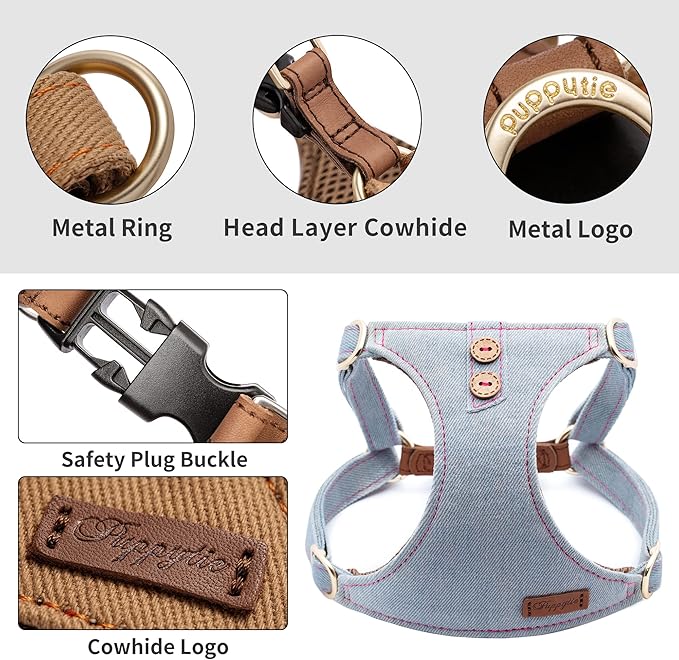 Puppytie Dog Harness With Multi-Functional Leash, No-Pull No-Choke Escape-Proof Dog Vest, Soft Breathable Step-In Pet Harness, Lightweight Comfortable For Medium Large Dogs,Denim Grey Blue-L (33-46lb)