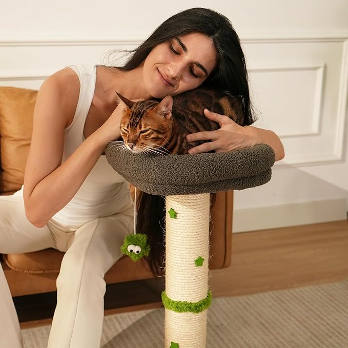 TINYBEAST 29.5" Tall Cat Scratching Post, 4-in-1 Natural Sisal Cat Scratcher with Removable Plush Perch Bed, Cat Stand Featuring Dangling Ball & Spring Ball, Cat Tree Tower for Indoor Adult Cats