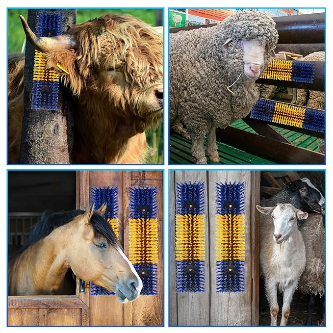 Livestock Scratch Brush for Cattle, Horses, Goats, Cow, Durable Scratching & Massage Grooming Tool for Healthy Coat, Relieves Itching, Easy Install on Fence Posts(6pcs, Yellow)