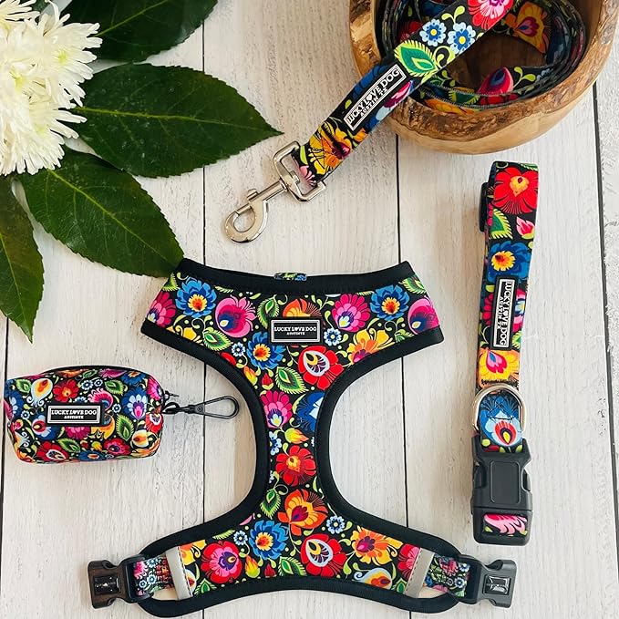 Lucky Love Dog, Soft Reversible Harness Vests, Vivid Floral Dog Vest Harness for Medium Female Dogs, Stylish Dog Accessory, (Blackbird, Medium)