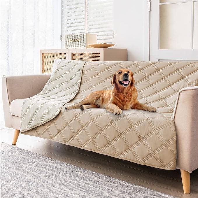 fuguitex Waterproof Dog Blanket, Pet Friendly Reversible Throw Essential for Small Dogs, Tear Resistant Leakproof Washable Couch Cushion Bed Protector Cover for Indoor Furniture(52"*82",Beige+Cream