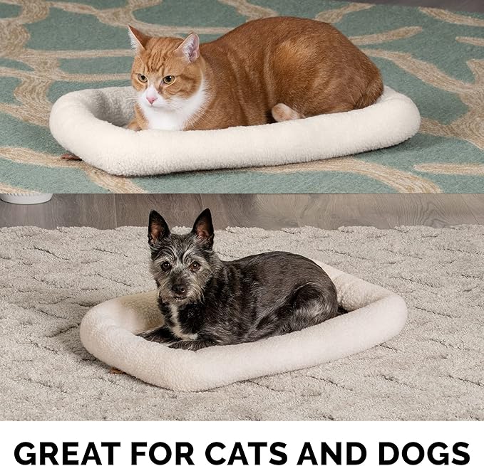 FurHaven Dog Bed for Extra Small Dogs & Cats, Bolster Crate Pad with Soft Supportive Base for Carriers & Kennels, Machine Washable, Extra Small, Sherpa Fleece, Cream