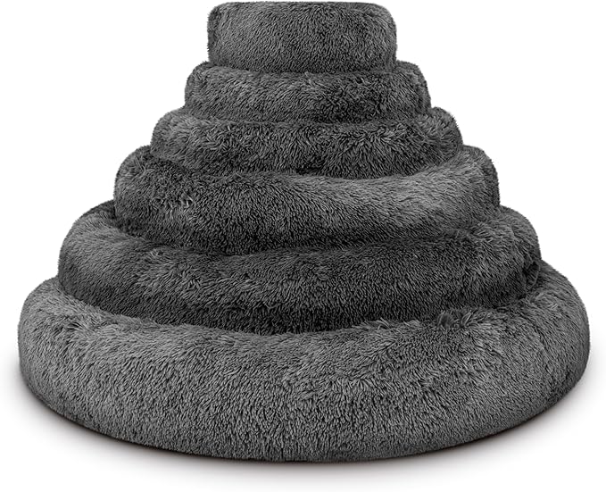 The Dog’s Bed Sound Sleep Donut Dog Bed, XL Steel Grey Fur Calming Nest Bed Removable Cover