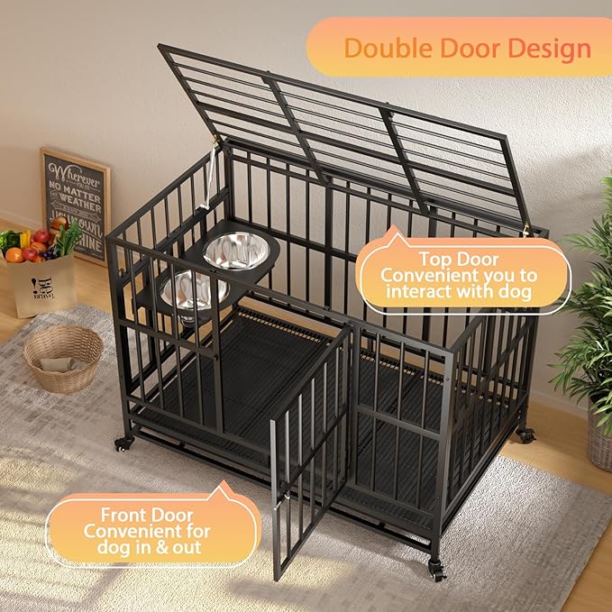 LOVMOR 48" Heavy-Duty Dog Crate with Wheels, Air-Lift Top, Dual 360° Adjustable Bowls ??Ideal for Large Dogs