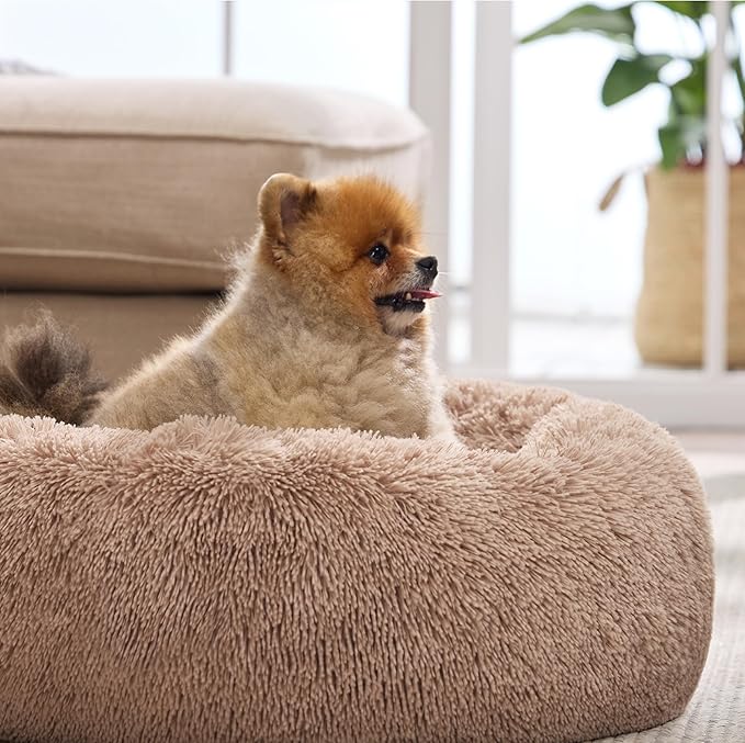Bedsure Calming Cat Beds for Indoor Cats - Small Cat Bed Washable 20 inches, Anti-Slip Round Fluffy Plush Faux Fur Pet Bed, Fits up to 15 lbs Pets, Camel