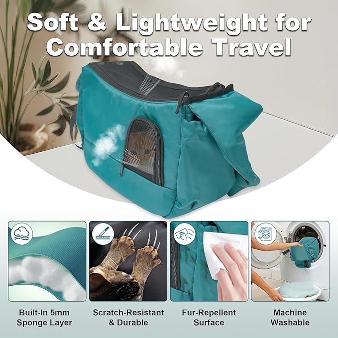 Cat Sling, Hands-Free Cat Carrier Pouch up to 7 lb, Cat Sling with Safety Strap and Pockets, Ideal for Travel and Daily Use, Peacock Blue