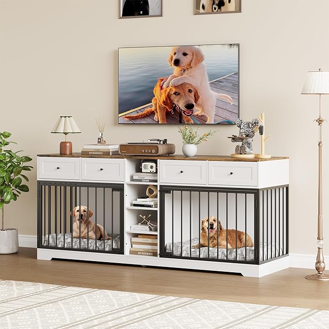 82??Double Dog Crate Furniture, Large Dog Kennel Indoor for 2 Dogs, Heavy Duty Wooden Dog Crate TV Stand with 4 Drawers and Shelves, White