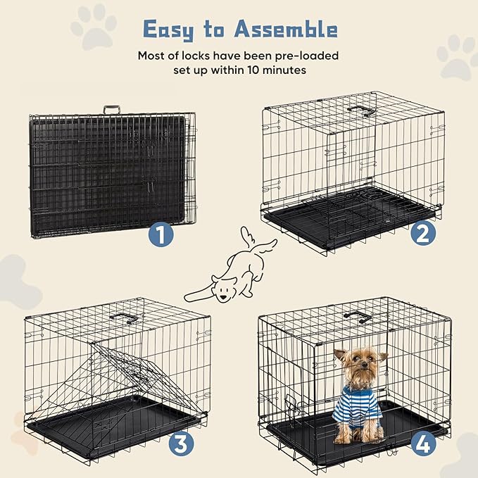 DUMOS Dog Crate, 24 Inch Medium Single Door Dog Cage with Divider Panel and Plastic Leak-Proof Pan Tray, Folding Metal Wire Pet Kennel for Indoor, Outdoor, Travel