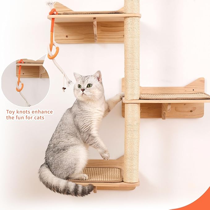 KVIDA Cat Wall Shelves for Large Cats – 7PCS Solid Wood Wall-Mounted Cat Tree with 3 Sisal Posts, Wide Perches & Lookout Tower, Space-Saving Climbing Furniture for Indoor Homes