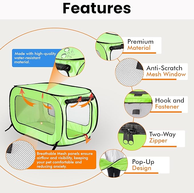Beatrice Home Fashions Portable, Collapsible, Pop Up Kennel Travel Cat and Dog Crate, 36" L x 22" W x 22" H, Green