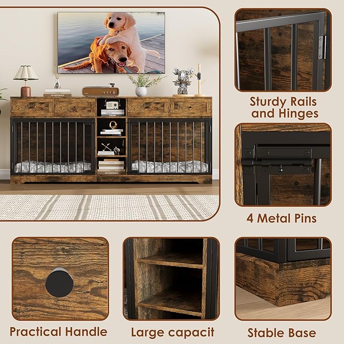 82??Double Dog Crate Furniture, Large Dog Kennel Indoor for 2 Dogs, Heavy Duty Wooden Dog Crate TV Stand with 4 Drawers and Shelves, Brown