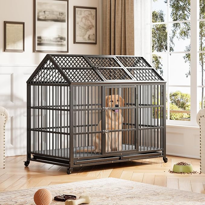 Heavy Duty Dog Crate, 52 Inch Dog Crate with Double Door, 360° Lockable Wheels and Removable Tray, Easy to Assembly,Indoor Dog Cage for Small Medium Large Dogs