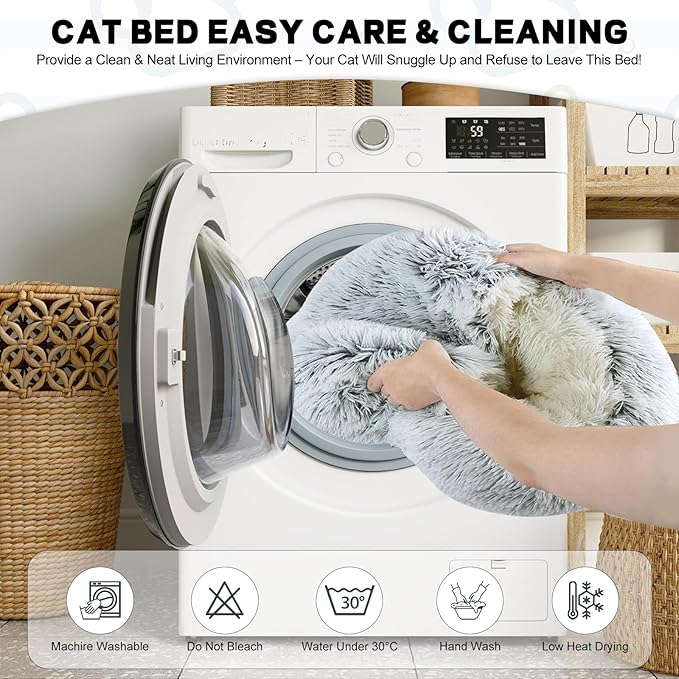 YUDANSI Calming Cat Beds for Indoor Cats - 26x26 Inch Small Dog Bed Washable, Built-in Support, Stable and not Collapsing, Anti-Anxiety Soft Anti-Slip Pet Beds, Fluffy for Small Medium Cats and Dogs