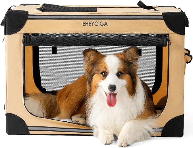 EHEYCIGA Collapsible Dog Crate 30 Inches, Portable Travel Crate for Medium Dogs, Soft Foldable Pet Kennel with 4-Door Mesh Windows Indoor & Outdoor, Beige