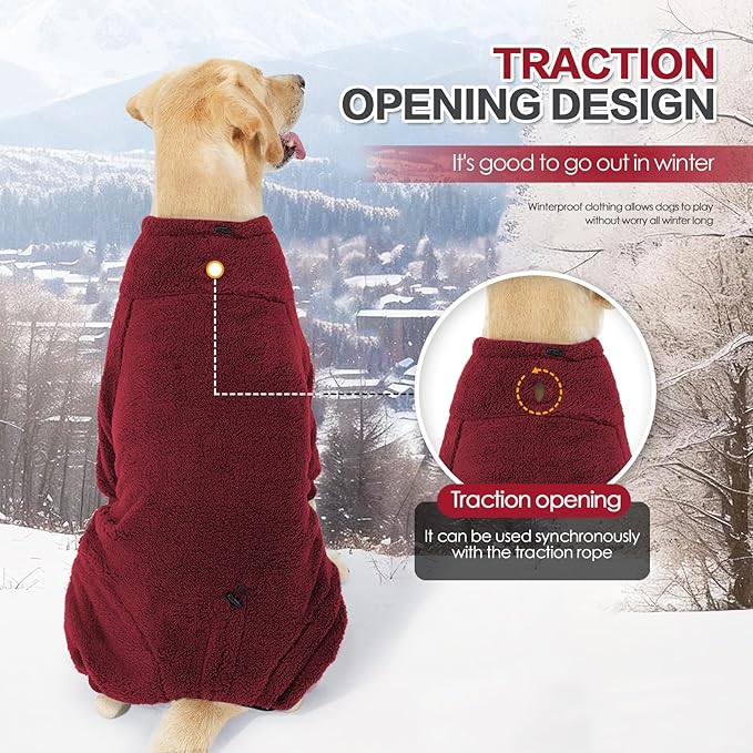 Dog Winter Coat, Warm Fleece Dog Jacket, Windproof Pullover Jumpsuit, Full Body Pajamas Onesie, Cold Weather Clothes for Medium Large Dog(Mediuml,Red)