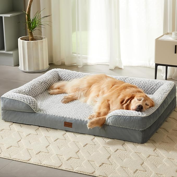 Orthopedic Dog Beds for Large Dogs,Waterproof Dog Bed, Egg Crate Foam Bed for Large Dogs, Big Pet Bed with Washable Removable Waterproof Pillow Cover and Anti-Slip Bottom, Grey