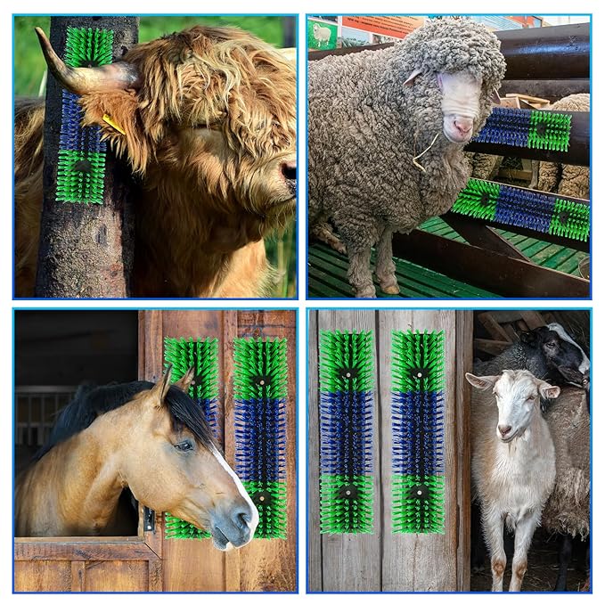 Livestock Scratch Brush for Cattle, Horses, Goats, Cow, Durable Scratching & Massage Grooming Tool for Healthy Coat, Relieves Itching, Easy Install on Fence Posts(6pcs, Green)