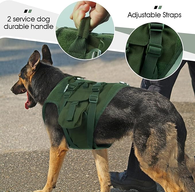 DORA BRIDAL Tactical Dog Harness, Service Dog Molle Vest with Handle, Military Dog Harness with Hook & Loop Panels, Heavy Duty No Pull Adjustable Dog Vest for Training, Walking, Hiking, Green M