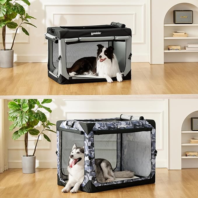 Collapsible Dog Crate for Large Dogs - 42 Inch Dog Travel Crate Portable with Mesh Windows and 3-Door Curtains, Soft Sided Dog Kennel Foldable for Indoor and Outdoor, Camo