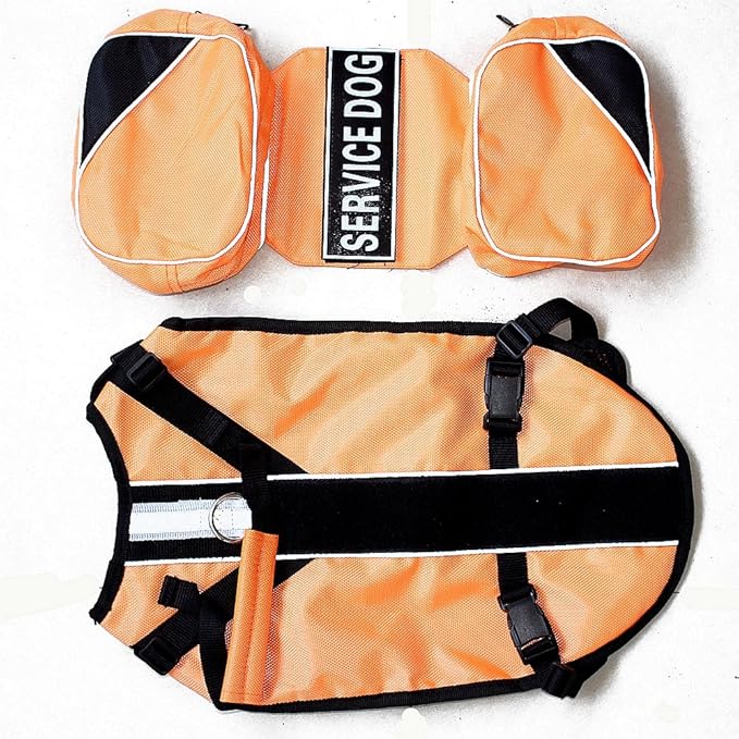 Service Dog Harness, Saddle Bag Backpack Carrier Outdoor Travel Hiking Camping Harness, Removable Saddle Bags and Patches (Orange, S Girth 16-20")