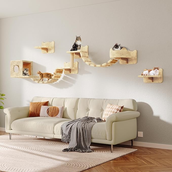 9-in-1 Cat Wall Shelves, Wall Mounted Cat Furniture Set with Plush Fabric, Cat Climbing Wall Systems, Cats Shelf Furniture with Condos, House, Steps, Bridge Ladder, Scratching Post, Beige