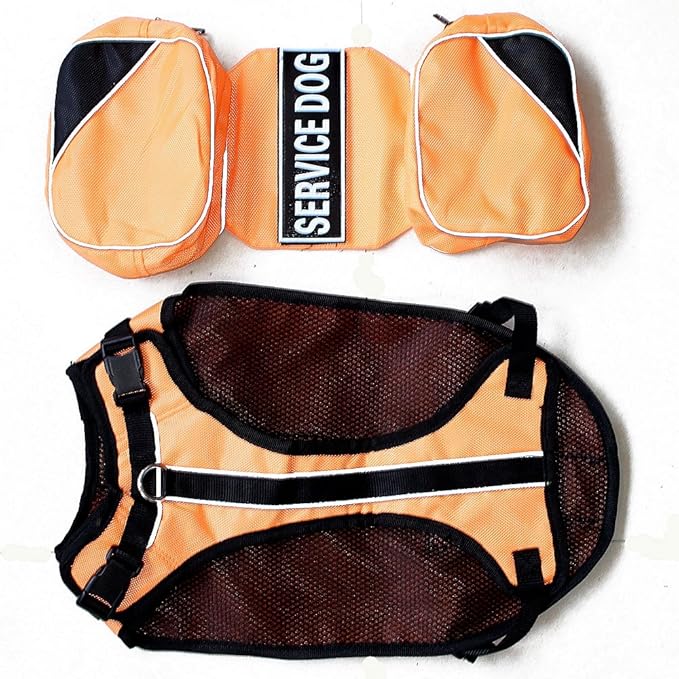 Service Dog Harness, Saddle Bag Backpack Carrier Outdoor Travel Hiking Camping Harness, Removable Saddle Bags and Patches (Orange, S Girth 16-20")