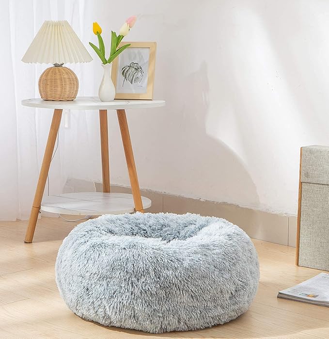 Donut Bed Medium Size Dog, Calming Soft Round Cuddler Dog Beds Fluffy Plush Faux Fur Pet Beds (24", Grey)