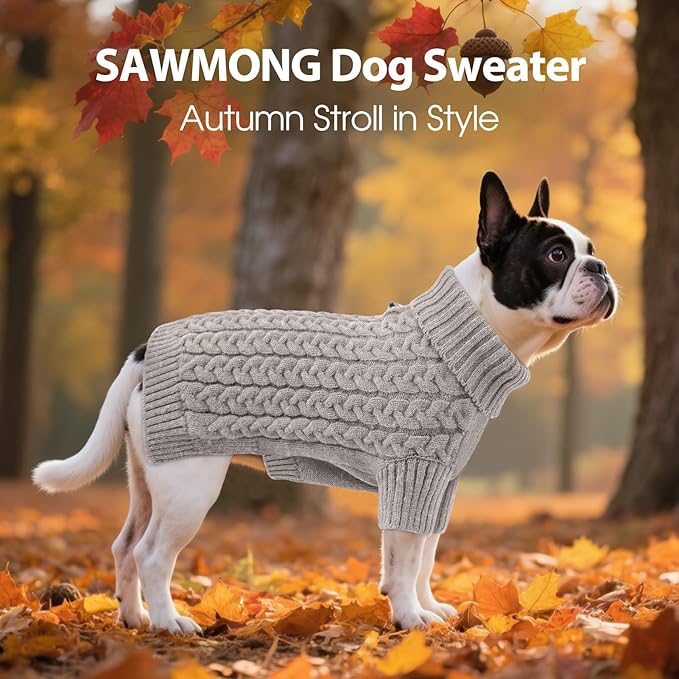 SAWMONG Dog Sweater, Dog Sweaters for Medium Dogs Girls Boys, Pullover Turtleneck Knitted Doggy Sweatshirt, Cold Weather Pet Clothes(Grey, Medium
