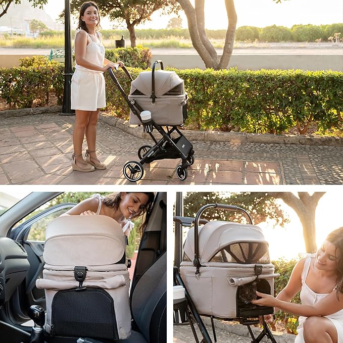X2 Pet Stroller, Dog Cat Stroller for Small Pets, Equipped with Detachable & One-Click Folding Carrier, Waterproof Pad & Sunshade Canopy,Camel