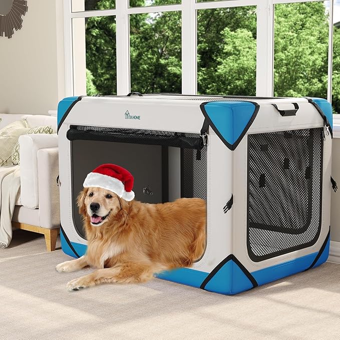 YITAHOME Collapsible Dog Crate, 4-Door Portable Travel Dog Crate, 4-Door Folding Soft Dog Kennel with Breathable Mesh Windows & Soft Mat,Indoor & Outdoor Use, 42" L x 31" W x 31" H, Flat Style