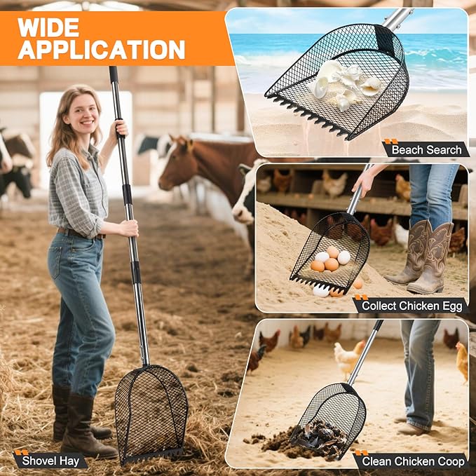Metal Chicken Poop Scooper and Rake 2-in-1, Chicken Coop Scoop for Poop Sand with Stainless Steel Handle (43-73" Adjustable), Sifter Shovel Chicken Coop Sand Rake for Chicken Coops & Farm Animals