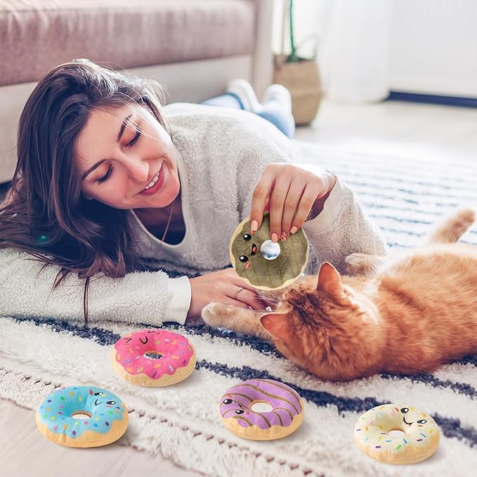 L1rabe Donut Catnip Stuffed Toys - Christmas Winter Gifts 5Pcs Funny Dessert Organic Cat Toys Pet Supplies, Indoor Cats Chew Bite Teething Tools Kittens Catmint Birthday Gifts Interactive Supplies