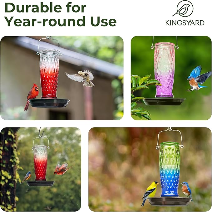 Kingsyard Bird Water Feeder for Outside, 24 Ounce, Glass Bird Water Dispenser with Metal Hanging for Garden Yard Outside Decoration, Green & Blue