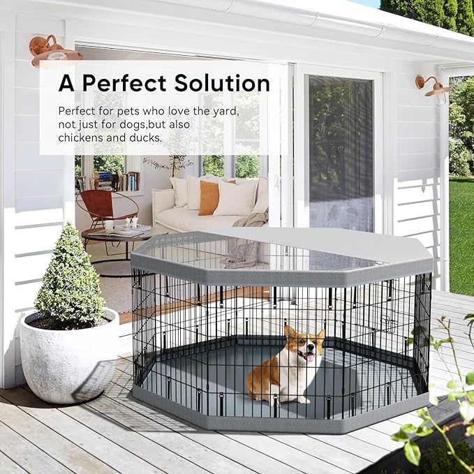 PJYuCien Dog Playpenr,8 Panels 30”H Dog Playpen with Gery Bottom Pad and Grey Top Cover,Metal Foldable Dog Exercise Pen for Indoor,Better for Medium Animals,Black