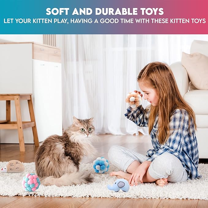 9 Pcs Cat Balls & Catnip Toys Set - Cartoon Fuzzy Balls, Soft & Lightweight - Kittens Chewing, Kicker Toys - Toys for Indoor Cats - Kitten & Cat Accessories - Pack of 9