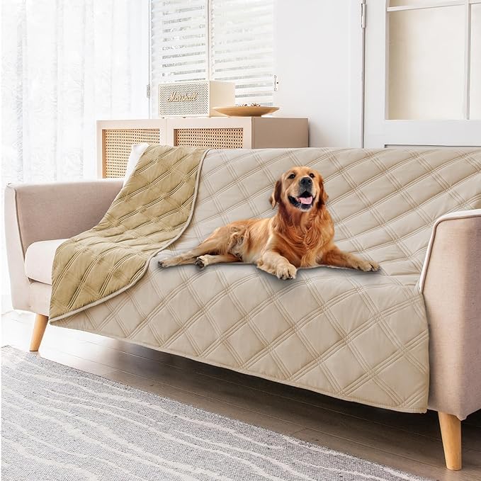 fuguitex Waterproof Dog Blanket Reversible for Small Dogs Resistant Leakproof Washable Couch Cushion Bed Protector Cover for Indoor Furniture Pet Friendly(82"*102",Beige+Taupe