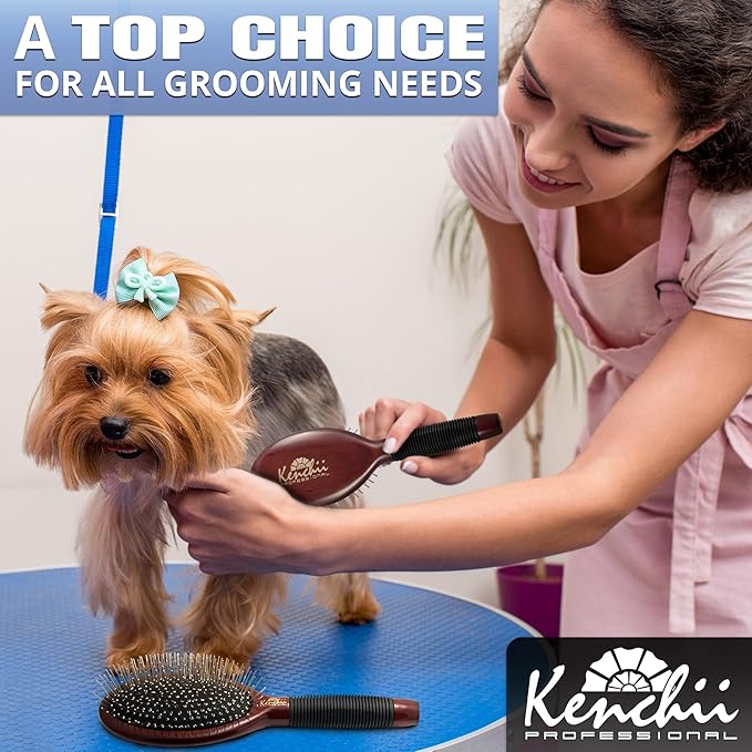 Kenchii Pet Grooming Metal Pin Brush for Dogs and Cats, Size Large, Solid Wood Handle, Non Slip Grip, Detangling and Shedding Brush for Long or Short Haired Pets, All Hair Type