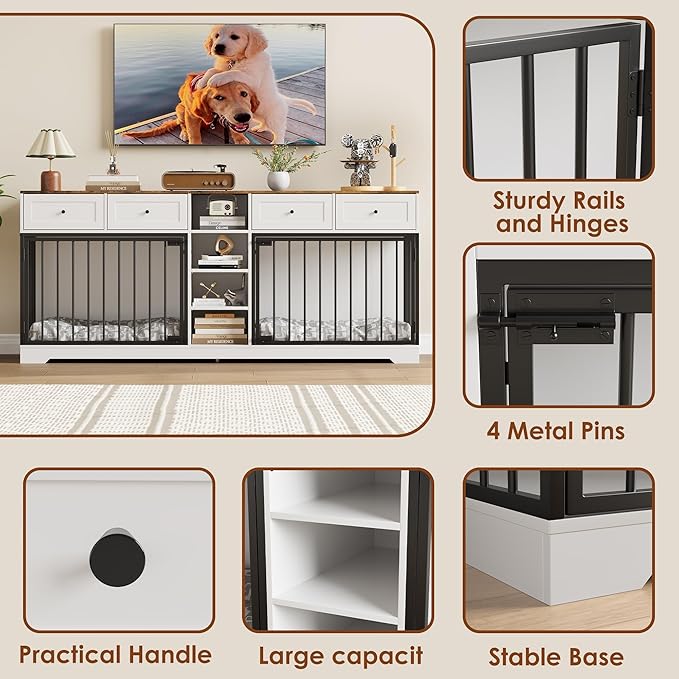 82??Double Dog Crate Furniture, Large Dog Kennel Indoor for 2 Dogs, Heavy Duty Wooden Dog Crate TV Stand with 4 Drawers and Shelves, White