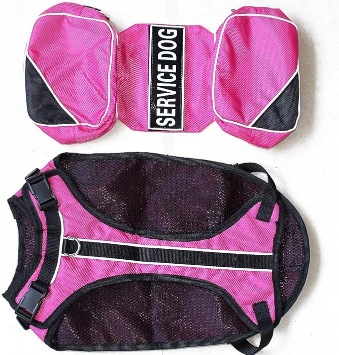 Service Dog Harness, Saddle Bag Backpack Carrier Outdoor Travel Hiking Camping Harness, Removable Saddle Bags and Patches (Hot Pink, S Girth 16-20")