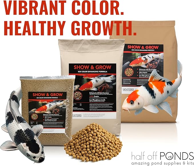 HALF OFF PONDS Show & Grow Koi Fish Food - 50 lb Floating Pellets, 5mm Size - Goldfish Food for Ponds - 35% Protein with Beta Carotene & Vitamins - Enhances Color Vibrancy & Body Definition
