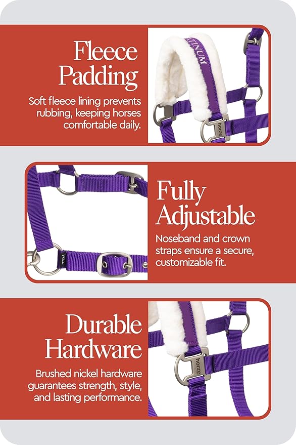 HORZE Howard Soft Fleece Padded Adjustable Polyester Horse Halter - Purple - Warmblood