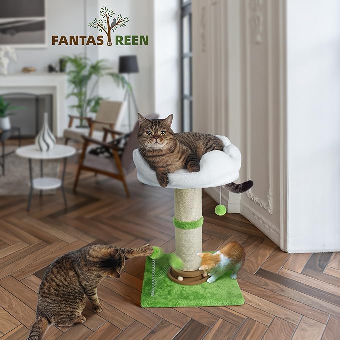 Fantasreen Cat Scratching Post 25'' Cat Scratcher Tall, Scratching Posts for Indoor Cats with Cat Toy, Interactive Ball for Kittens Adults Cats White