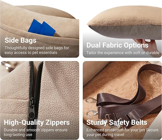 Dog Car Seat for Small and Medium Dogs, Easy to Clean Pet Booster Bed with Calming Cushion, Waterproof Travel Carrier for Cats and Puppies with Storage Pocket Up to 25lb, Camel