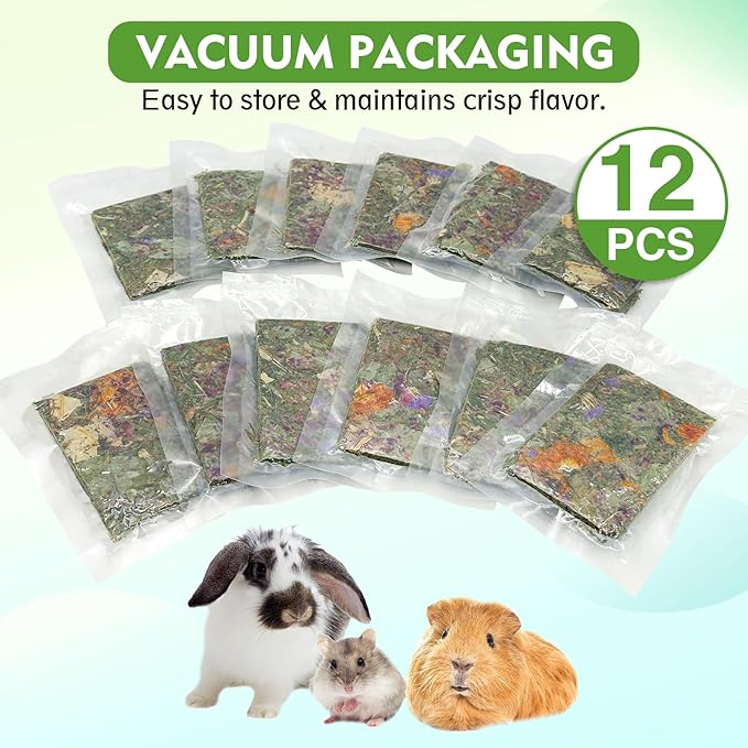 Fhiny 12 PCS Rabbit Timothy Hay Chips Toys, Natural Bunny Molar Treats with Herbal Flowers Rabbit Chew Toys for Teeth Small Animal Snacks for Rats Chinchillas Guinea Pigs Hamsters