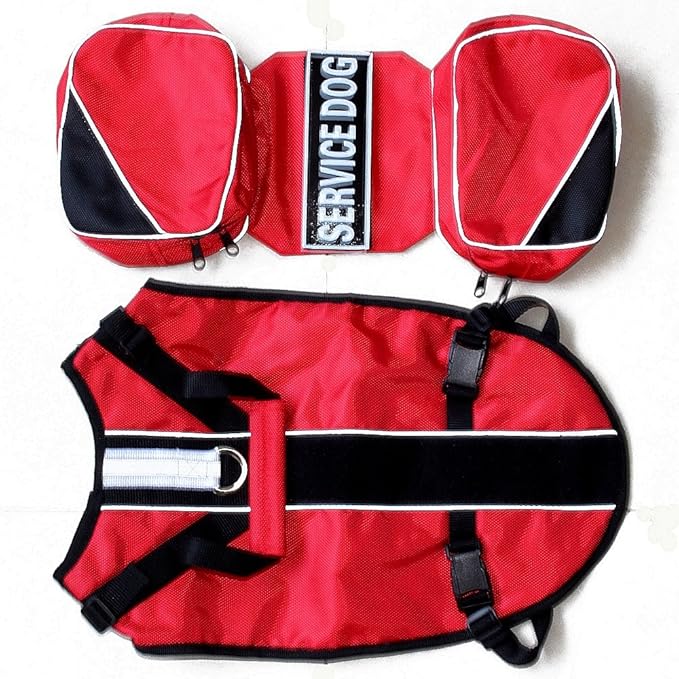 Service Dog Harness, Saddle Bag Backpack Carrier Outdoor Travel Hiking Camping Harness, Removable Saddle Bags and Patches (Red, L Girth 26-31")