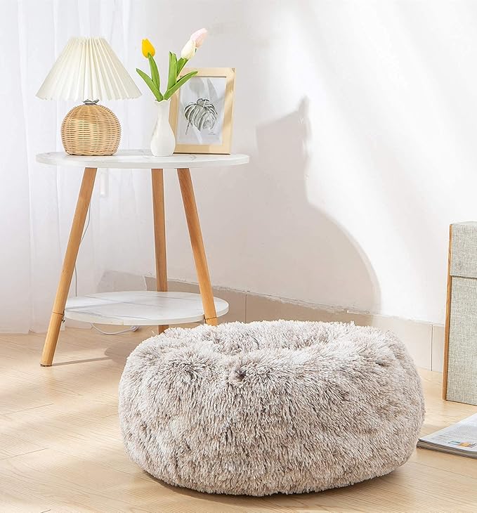 Donut Bed Medium Size Dog, Calming Soft Round Cuddler Dog Beds Fluffy Plush Faux Fur Pet Beds (24", Brown)