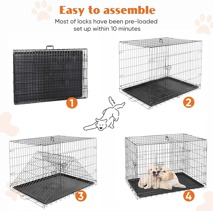 Double Door Dog Crate, Durable Metal Foldable Pet Crate with Secure Lock, Removable Tray for Easy Cleaning for Dogs Portable Pet Crate for Indoor, Outdoor, 30 Inch