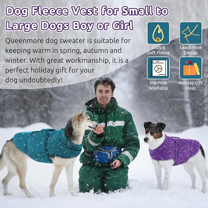 Queenmore Small Dog Sweater, Soft Fleece Vest Pullover Jacket With Leash Hole, Warm Winter Clothes for Cold Weather, Dachshund Sweater for Small Dogs Cats Boy or Girl (Peacock-Blue, XS)